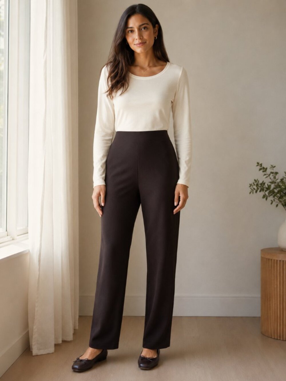 Eileen Fisher Women's M Knit Straight-Leg Espresso Pants Office Comfort